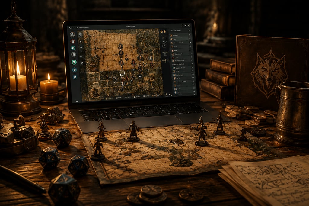 GM View: battle map, initiative order and combat tracker on a laptop at the table
