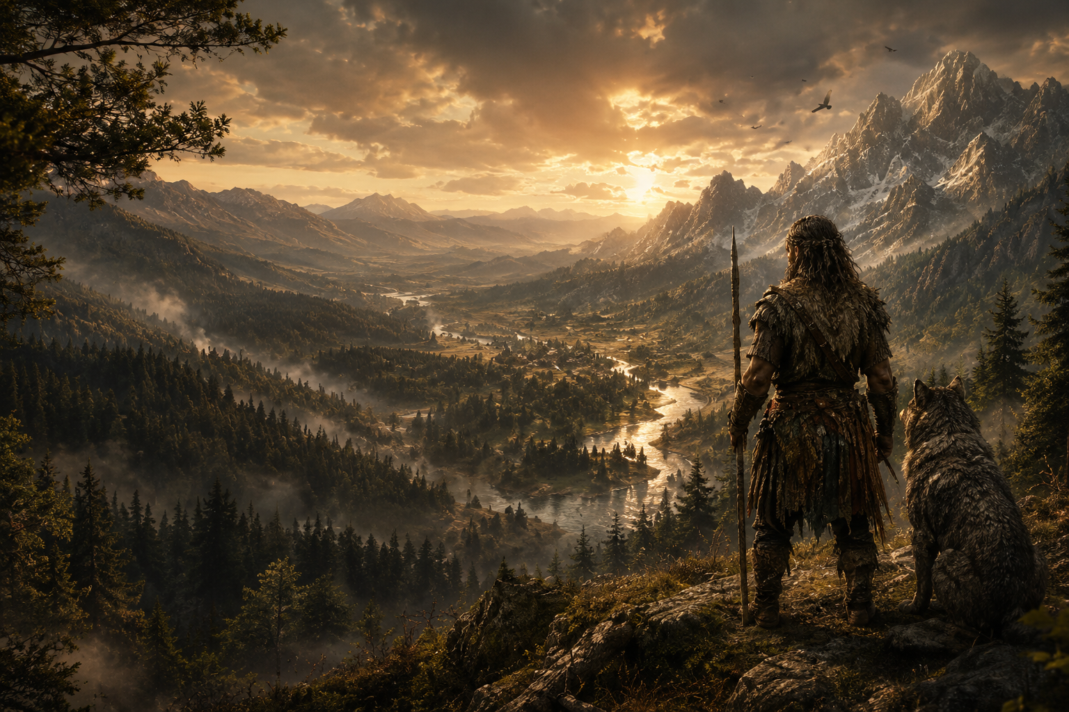 A bonded human and wolf companion overlooking the valleys of Aurelia at sunset