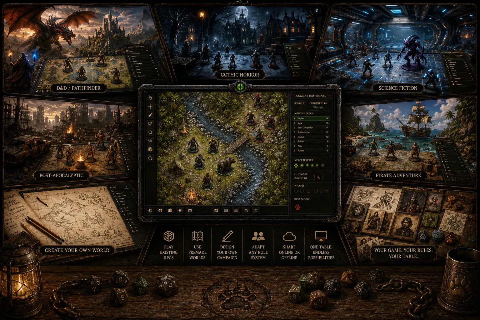 ADAPTable showing the tabletop configured for fantasy, gothic horror, science fiction, post-apocalyptic and pirate settings