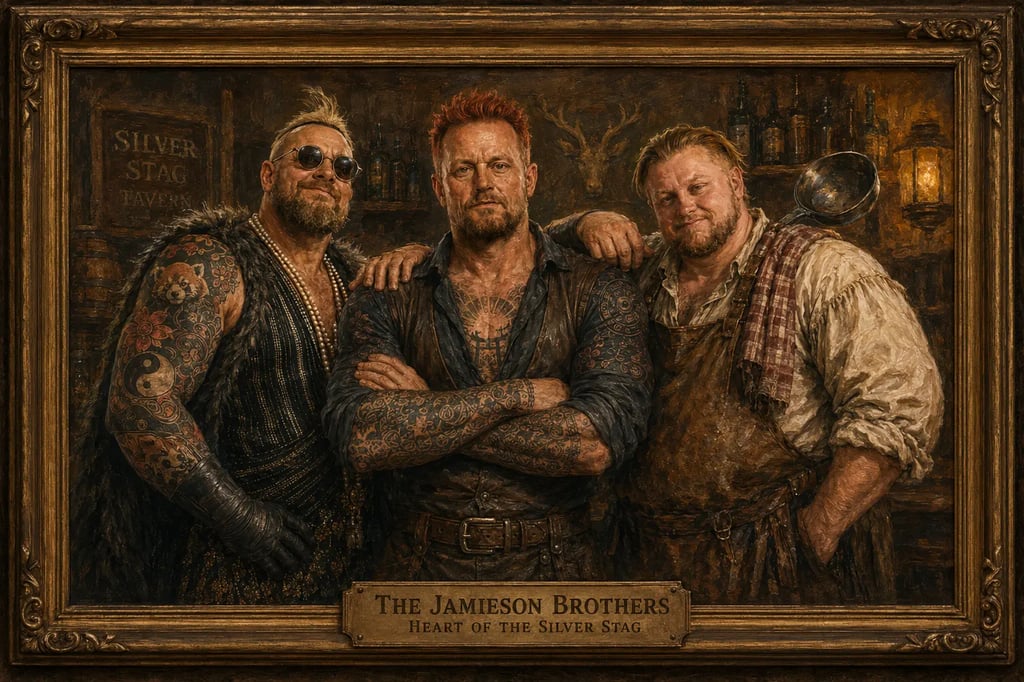 Painted portrait of the Jamieson brothers in the Silver Stag Tavern