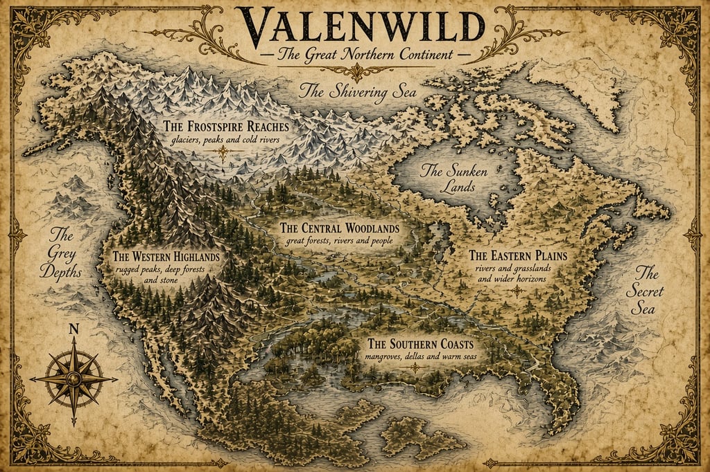 Parchment map of Valenwild showing the Frostspire Reaches, Sunken Lands, Eastern Plains, Southern Coasts, Western Highlands, Central Woodlands, Grey Depths and Secret Sea