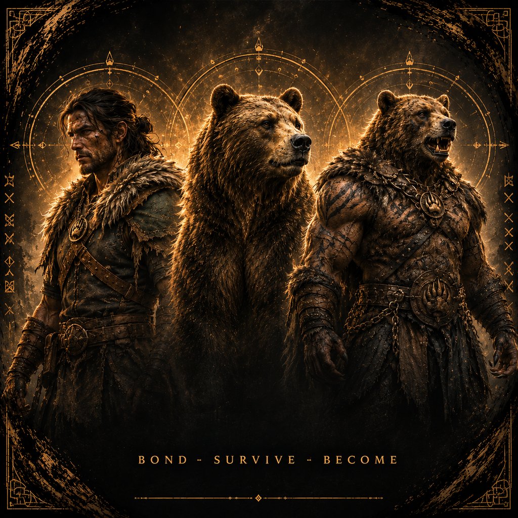 A human, a bear companion and the rare Human/Bear Hybrid transformation