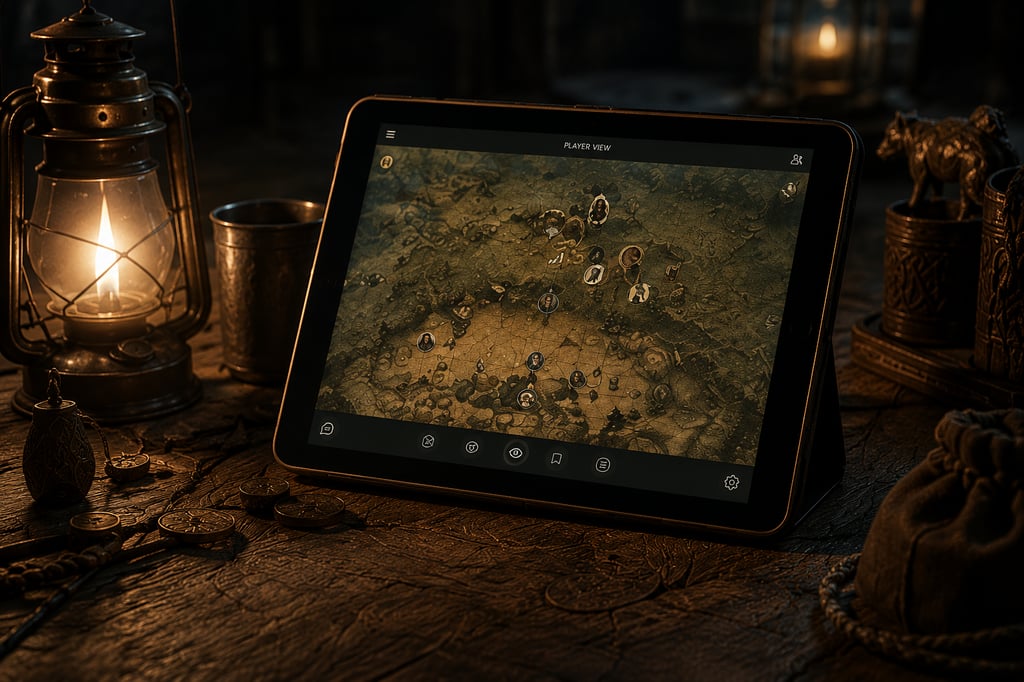 Player View: shared map with tokens on a tablet beside a lantern