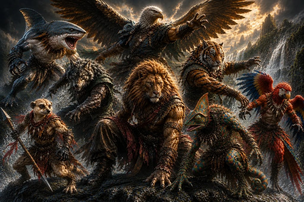 Human-animal Hybrids of Aurelia — shark, eagle, wolf, lion, tiger, chameleon, parrot and meerkat — gathered on a storm-swept mountainside