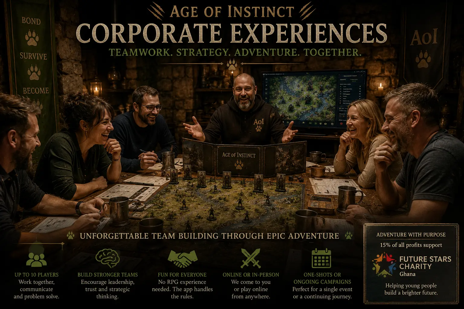 A team enjoying a hosted Age of Instinct corporate experience around a table