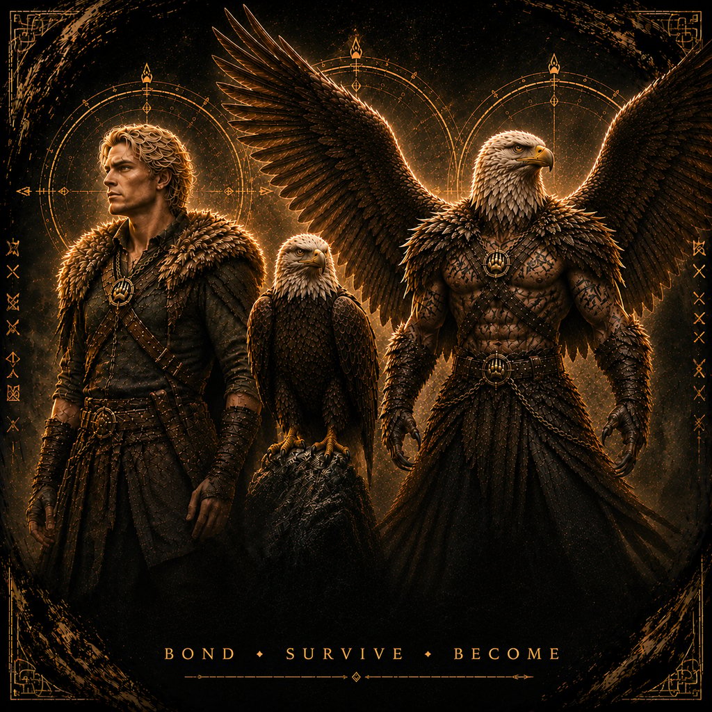 A human, an eagle companion and the rare Human/Eagle Hybrid transformation