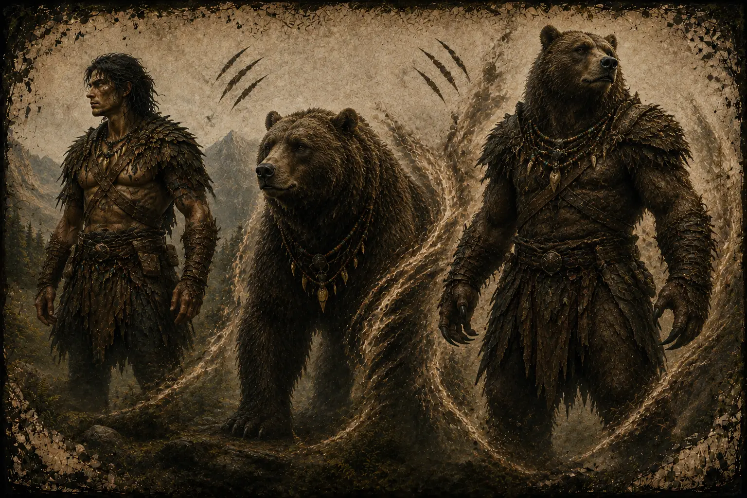 A human, a bear companion and the rare Human/Animal Hybrid transformation