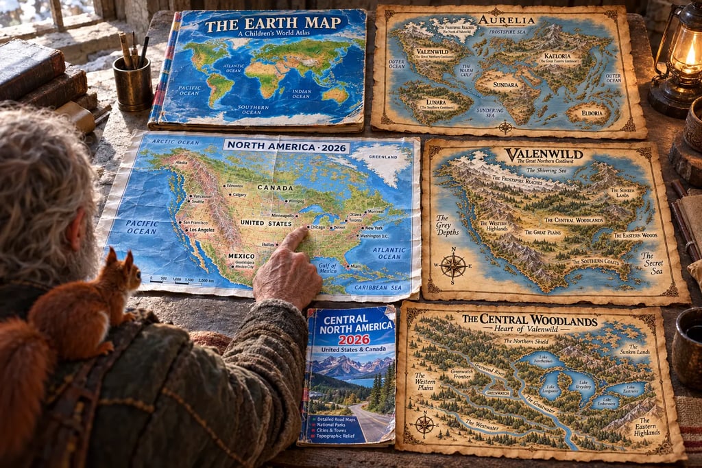 An explorer and a squirrel companion at a candlelit tavern table comparing old Earth atlases and road maps of North America with the parchment maps of Aurelia, Valenwild and the Central Woodlands