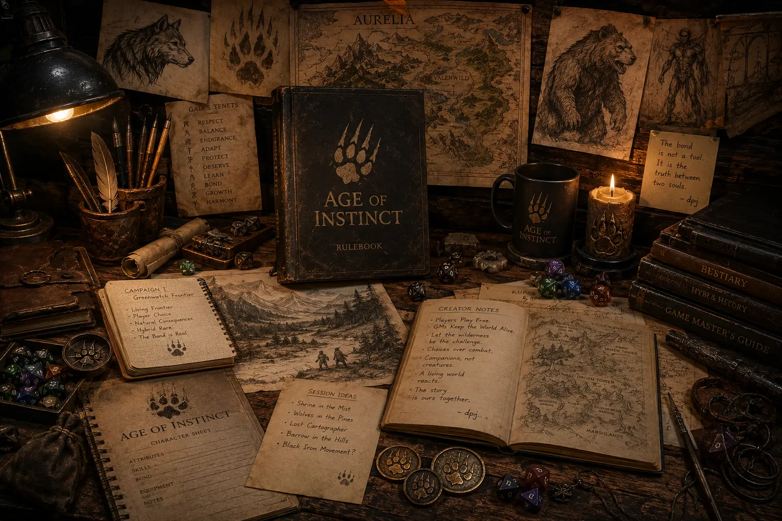 The creator’s desk with the Age of Instinct rulebook, maps, dice and notes