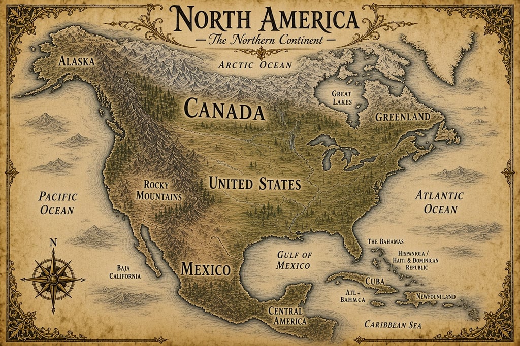 Parchment map of North America showing Canada, the United States, Mexico, Greenland, Alaska, the Rocky Mountains and surrounding oceans