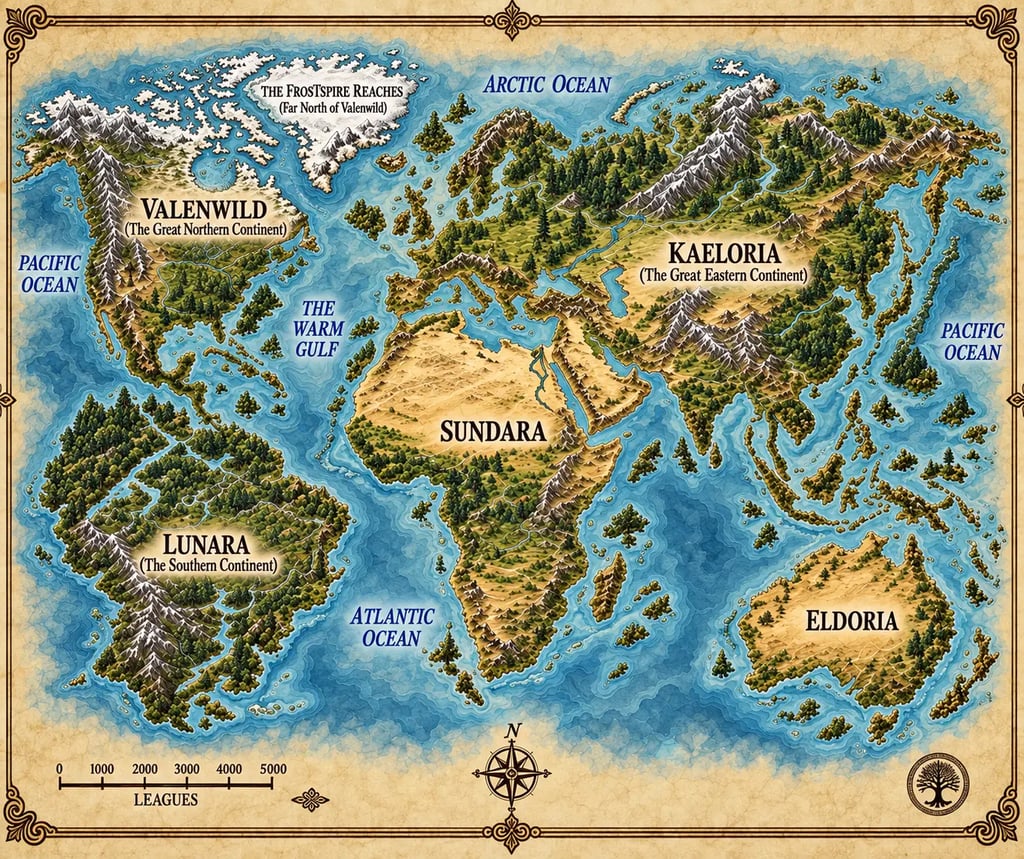 Illustrated world map of Aurelia showing the continents of Valenwild, Kaeloria, Sundara, Lunara and Eldoria, surrounded by the Arctic, Pacific and Atlantic Oceans and the Warm Gulf