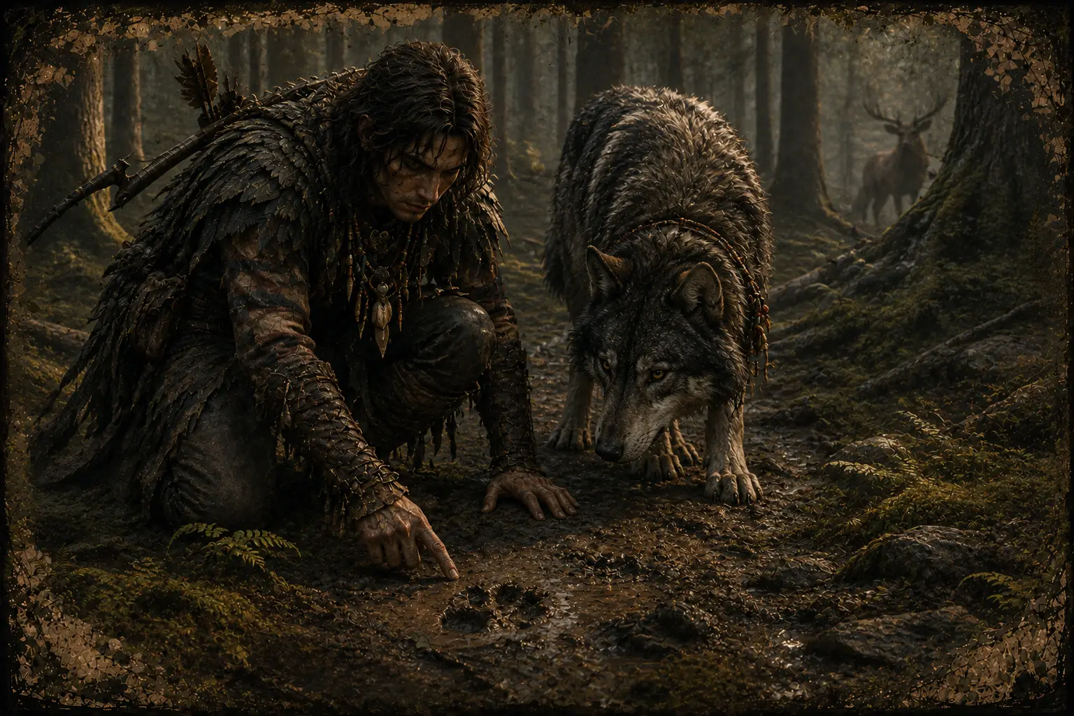 A tracker and wolf companion reading tracks together on a forest floor
