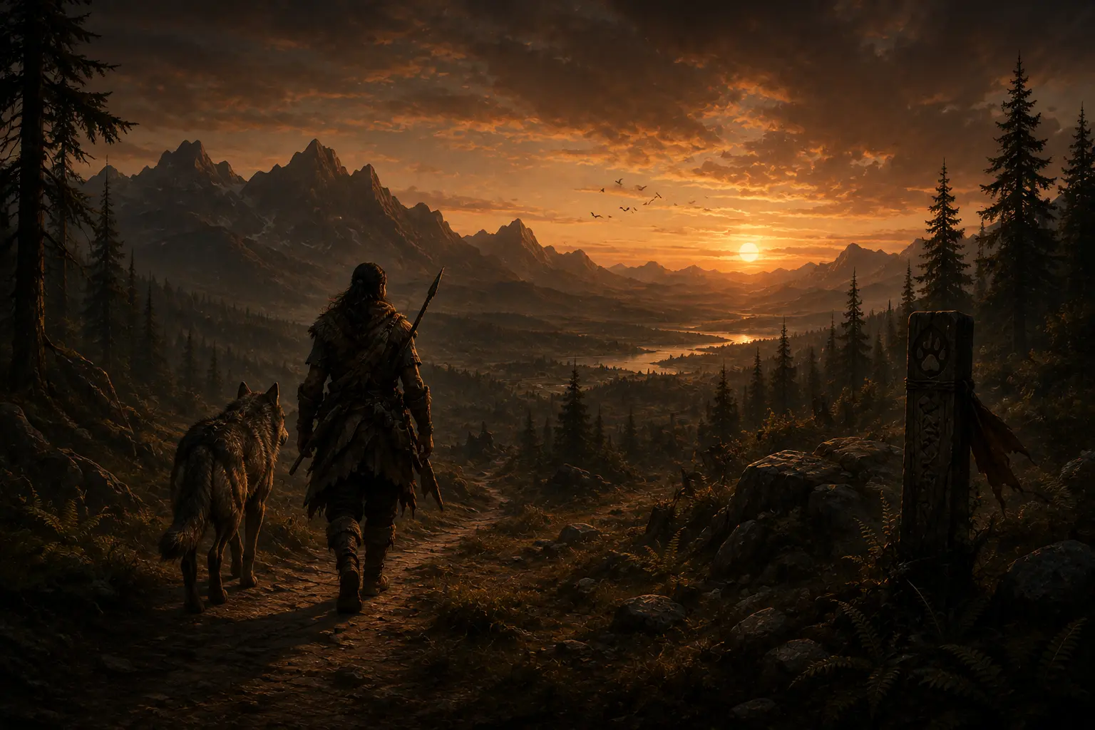 A human and their wolf companion walking into the wilderness at dusk